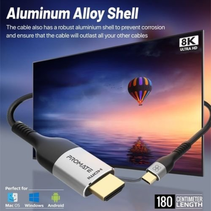 Promate MediaCord-8K Ultra-Fast HDMI 2.1 Cable - 8K@60Hz, 48Gbps High-Speed, Braided Design & Gold-Plated Connectors (1.8 Meters)