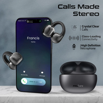 سماعات Promate AirClip اللاسلكية بنظام الأذن المفتوحة - تقنية OWS، ثبات AudioFit، وبطارية تدوم حتى 28 ساعة (باللون الأسود)
