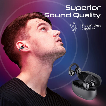 سماعات Promate AirClip اللاسلكية بنظام الأذن المفتوحة - تقنية OWS، ثبات AudioFit، وبطارية تدوم حتى 28 ساعة (باللون الأسود)