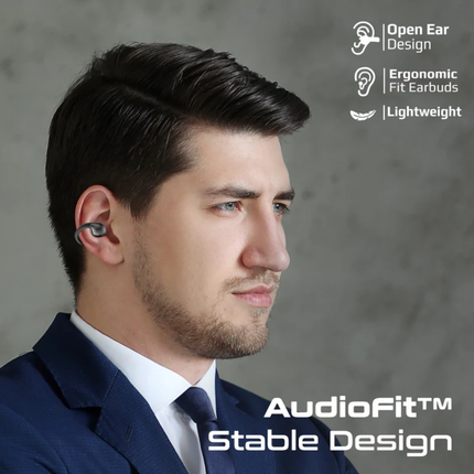 سماعات Promate AirClip اللاسلكية بنظام الأذن المفتوحة - تقنية OWS، ثبات AudioFit، وبطارية تدوم حتى 28 ساعة (باللون الأسود)