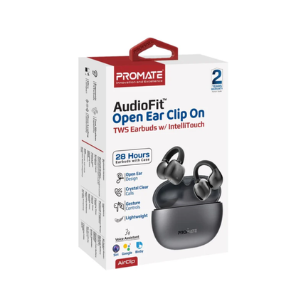 سماعات Promate AirClip اللاسلكية بنظام الأذن المفتوحة - تقنية OWS، ثبات AudioFit، وبطارية تدوم حتى 28 ساعة (باللون الأسود)