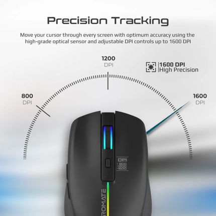 Promate Kitt Rechargeable Wireless Mouse - Vibrant LED Backlight, 500mAh Battery, 6 Functional Buttons, and Adjustable DPI
