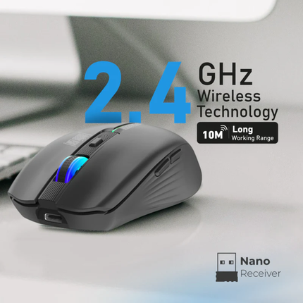 Promate Kitt Rechargeable Wireless Mouse - Vibrant LED Backlight, 500mAh Battery, 6 Functional Buttons, and Adjustable DPI