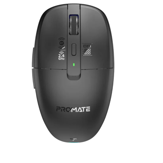 ماوس Promate Flixi لاسلكية ثلاثية الوضعيات - بلوتوث 5.1، مستقبل مزدوج (USB-A و USB-C)، نقرات صامتة وإضاءة LED بـ 7 ألوان