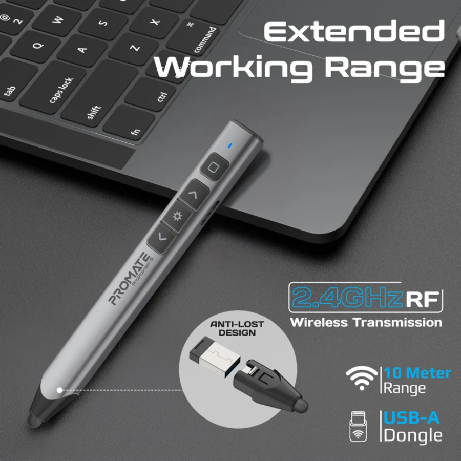 Promate ProPointer-S Professional Wireless Presenter - Red Laser Pointer, 20m Range, Hyperlink Control, and Plug-and-Play Nano Receiver Promate ProPointer-S Professional Wireless Presenter - Red Laser Pointer, 20m Range, Hyperlink Control, and Plug-and-Play Nano Receiver