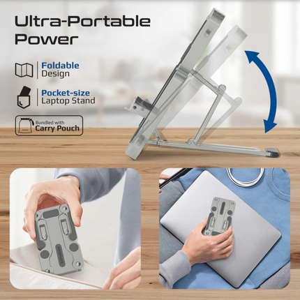 Promate Foldix Compact Multi-Level Folding Laptop Stand - Lightweight Aluminum, Anti-Slip Design, and Ergonomic Heat Dissipation (Grey)
