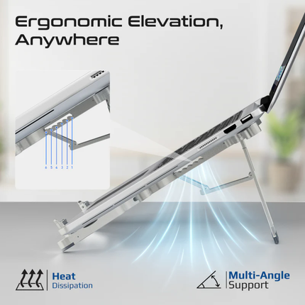 Promate Foldix Compact Multi-Level Folding Laptop Stand - Lightweight Aluminum, Anti-Slip Design, and Ergonomic Heat Dissipation (Grey)