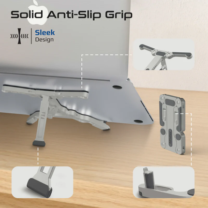 Promate Foldix Compact Multi-Level Folding Laptop Stand - Lightweight Aluminum, Anti-Slip Design, and Ergonomic Heat Dissipation (Grey)