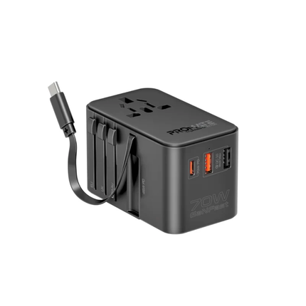 Promate TripMate-GaN70R 70W GaN Universal Travel Adapter - Built-in Retractable USB-C Cable, Power Delivery, and 2500W AC Socket