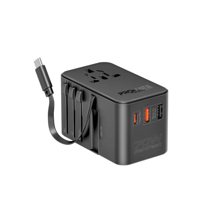 Promate TripMate-GaN70R 70W GaN Universal Travel Adapter - Built-in Retractable USB-C Cable, Power Delivery, and 2500W AC Socket Promate TripMate-GaN70R 70W GaN Universal Travel Adapter - Built-in Retractable USB-C Cable, Power Delivery, and 2500W AC Socket