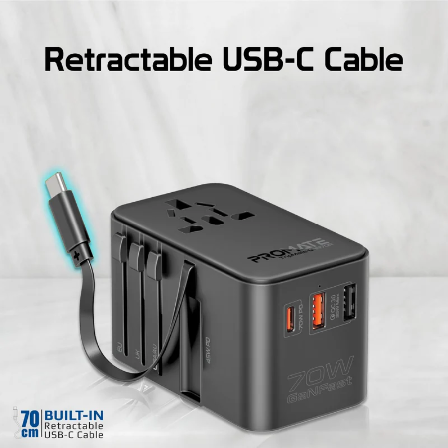 Promate TripMate-GaN70R 70W GaN Universal Travel Adapter - Built-in Retractable USB-C Cable, Power Delivery, and 2500W AC Socket Promate TripMate-GaN70R 70W GaN Universal Travel Adapter - Built-in Retractable USB-C Cable, Power Delivery, and 2500W AC Socket