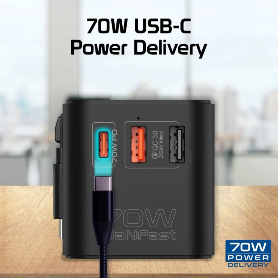 Promate TripMate-GaN70R 70W GaN Universal Travel Adapter - Built-in Retractable USB-C Cable, Power Delivery, and 2500W AC Socket Promate TripMate-GaN70R 70W GaN Universal Travel Adapter - Built-in Retractable USB-C Cable, Power Delivery, and 2500W AC Socket