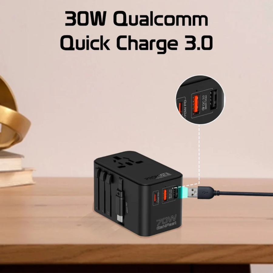 Promate TripMate-GaN70R 70W GaN Universal Travel Adapter - Built-in Retractable USB-C Cable, Power Delivery, and 2500W AC Socket Promate TripMate-GaN70R 70W GaN Universal Travel Adapter - Built-in Retractable USB-C Cable, Power Delivery, and 2500W AC Socket