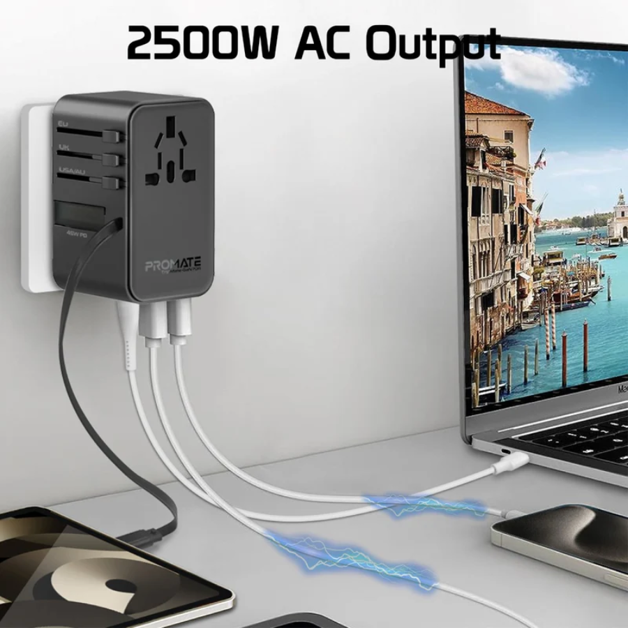Promate TripMate-GaN70R 70W GaN Universal Travel Adapter - Built-in Retractable USB-C Cable, Power Delivery, and 2500W AC Socket Promate TripMate-GaN70R 70W GaN Universal Travel Adapter - Built-in Retractable USB-C Cable, Power Delivery, and 2500W AC Socket