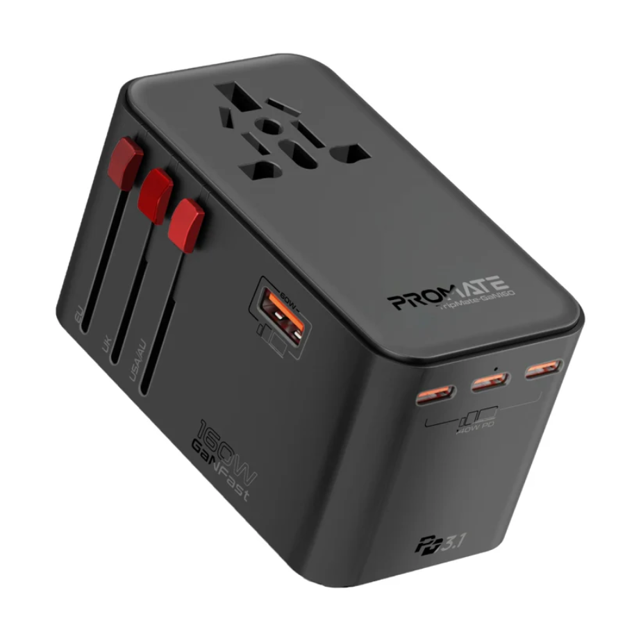 Promate TripMate-GaN160 160W Ultra-Powerful GaN Universal Travel Adapter - Dual 100W USB-C Power Delivery, 2500W AC Socket, and Global Compatibility
