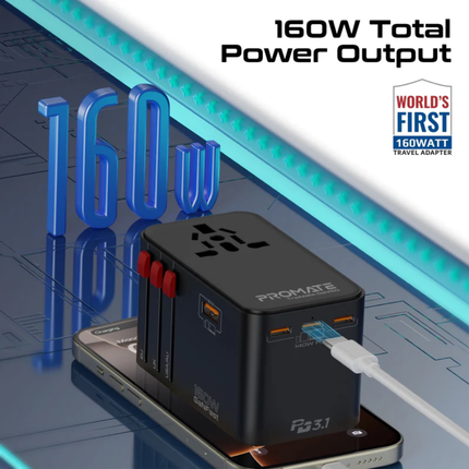 Promate TripMate-GaN160 160W Ultra-Powerful GaN Universal Travel Adapter - Dual 100W USB-C Power Delivery, 2500W AC Socket, and Global Compatibility