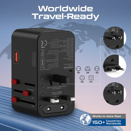 Promate TripMate-GaN160 160W Ultra-Powerful GaN Universal Travel Adapter - Dual 100W USB-C Power Delivery, 2500W AC Socket, and Global Compatibility