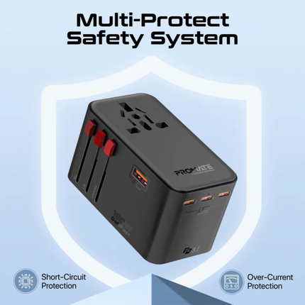 Promate TripMate-GaN160 160W Ultra-Powerful GaN Universal Travel Adapter - Dual 100W USB-C Power Delivery, 2500W AC Socket, and Global Compatibility