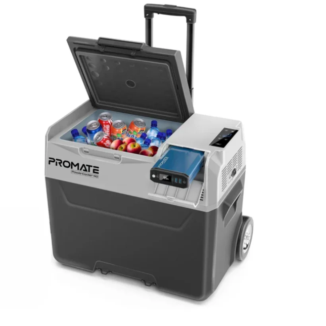 Promate PowerCooler-40 Portable Outdoor Mini Refrigerator - 40 Liters Capacity, CoolFast Technology, Dual Power Mode (AC/DC), and Durable Off-Road Wheels