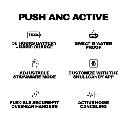 سماعات Skullcandy Push ANC Active الرياضية - عزل ضوضاء نشط، بطارية تدوم 58 ساعة، مقاومة للماء والغبار IP55، وتصميم خطاف ثابت