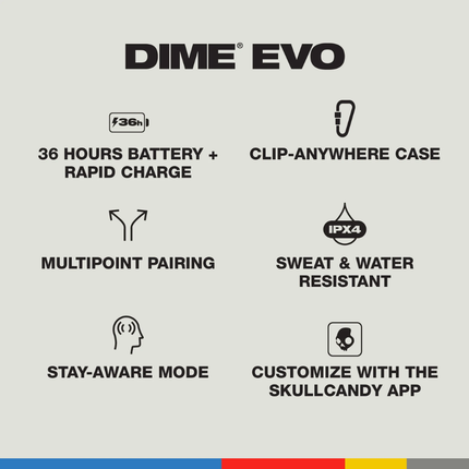 سماعات Skullcandy Dime Evo اللاسلكية بالكامل - بلوتوث 5.3، بطارية إجمالية 36 ساعة، اقتران متعدد النقاط، ومقاومة للماء IPX4