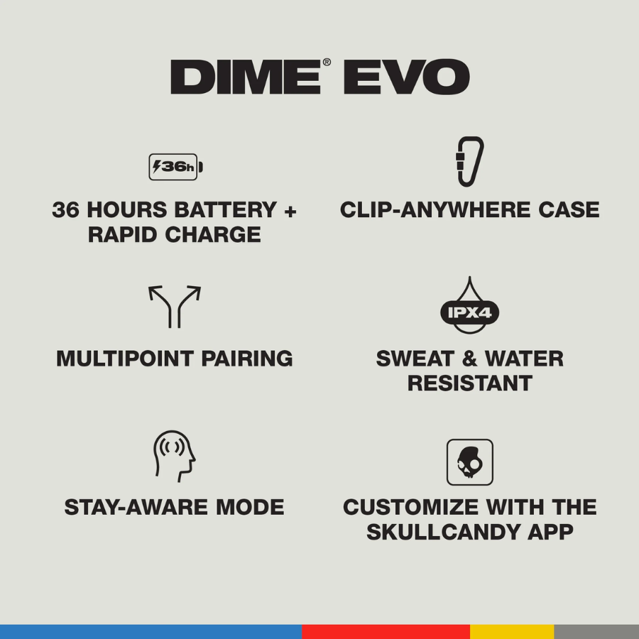 Skullcandy Dime Evo True Wireless Earbuds - Bluetooth 5.3, 36 Hours Total Battery, Multipoint Pairing, and IPX4 Water Resistance Skullcandy Dime Evo True Wireless Earbuds - Bluetooth 5.3, 36 Hours Total Battery, Multipoint Pairing, and IPX4 Water Resistance