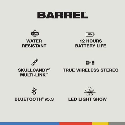 سماعة Skullcandy Barrel لاسلكية للحفلات - بلوتوث، مقاومة للماء IPX5، بطارية تدوم 12 ساعة، إضاءة LED مدمجة وتقنية الربط المتعدد