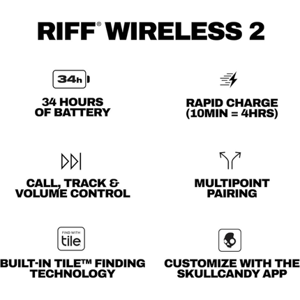 سماعة Skullcandy Riff Wireless 2 لاسلكية فوق الأذن - بطارية تدوم 34 ساعة، ميزة الاقتران المتعدد، وتقنية تتبع السماعة Tile™ المدمجة