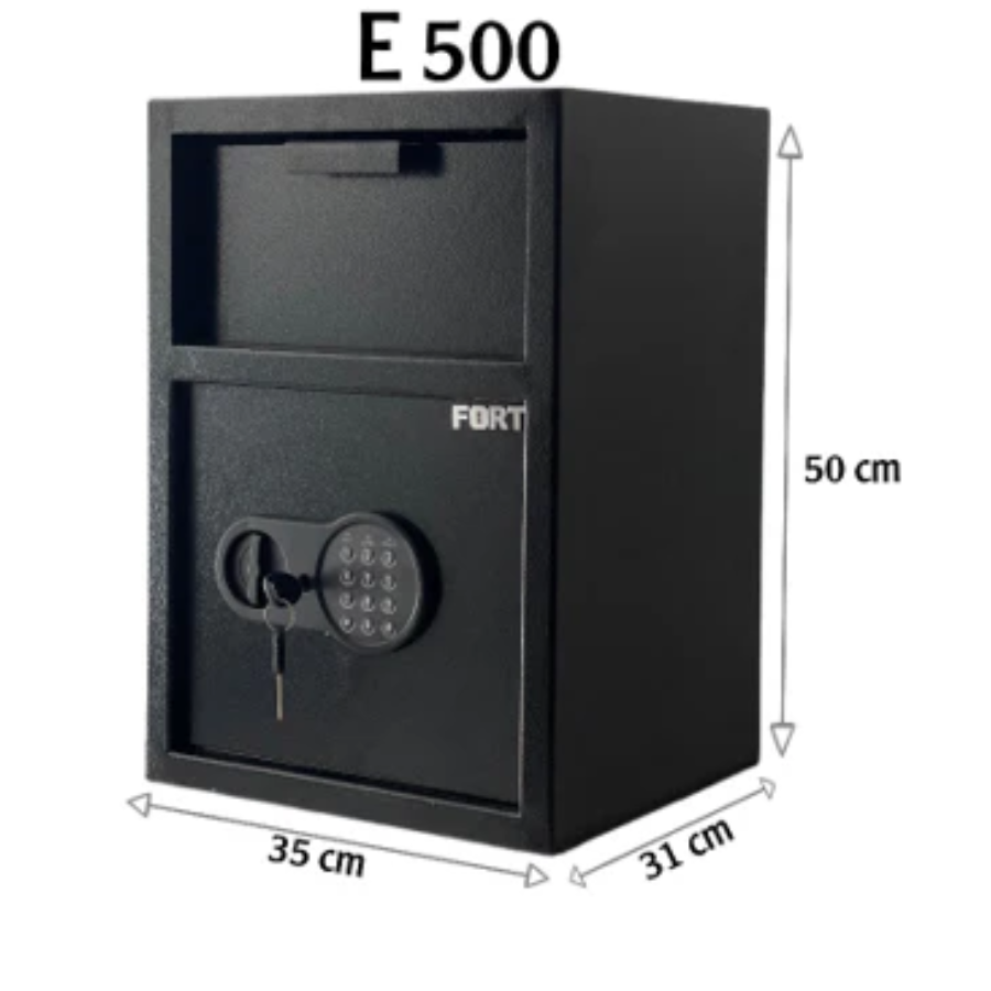قاصة حديدية FORT E500 بنظام الدرج القلاب - خزنة إيداع سريعة بقفل إلكتروني، هيكل فولاذي متين ومفاتيح طوارئ قاصة حديدية FORT E500 بنظام الدرج القلاب - خزنة إيداع سريعة بقفل إلكتروني، هيكل فولاذي متين ومفاتيح طوارئ