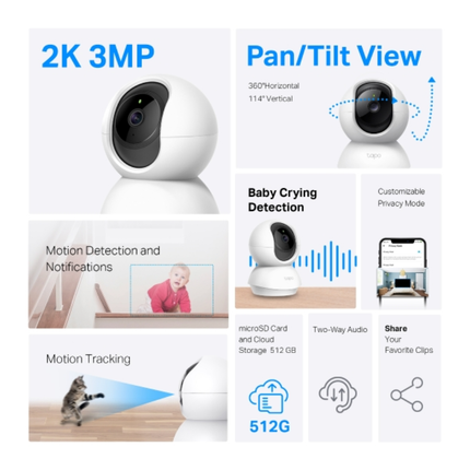 كاميرا مراقبة منزلية تي بي لينك TC71 متحركة (Pan/Tilt) - دقة 2K 3MP، كشف الحركة، ورؤية ليلية مع صوت ثنائي الاتجاه