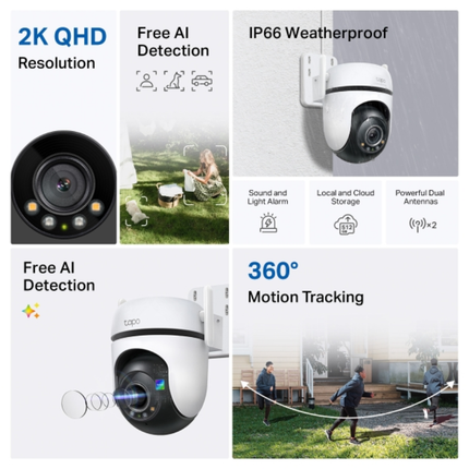 كاميرا مراقبة خارجية تي بي لينك Tapo C520WS متحركة (Pan/Tilt) - دقة 2K QHD 4MP، رؤية ليلية ملونة، وذكاء اصطناعي مع معيار IP66 لمقاومة العوامل الجوية