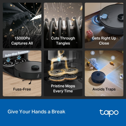 مكنسة وروبوت مسح ذكي تي بي لينك Tapo RV50 Pro Omni - قوة شفط 7000Pa، محطة أومني المتكاملة (تفريغ ذاتي، غسيل وتجفيف الممسحة)، وملاحة AI LiDAR