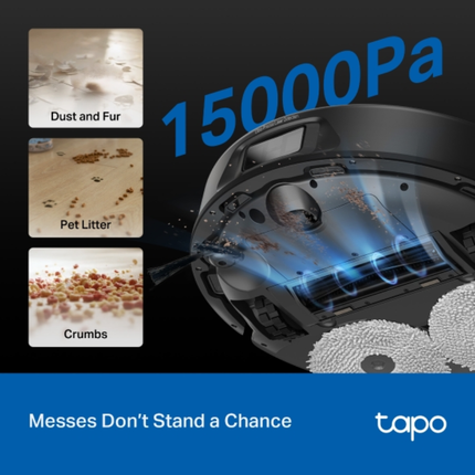 مكنسة وروبوت مسح ذكي تي بي لينك Tapo RV50 Pro Omni - قوة شفط 7000Pa، محطة أومني المتكاملة (تفريغ ذاتي، غسيل وتجفيف الممسحة)، وملاحة AI LiDAR