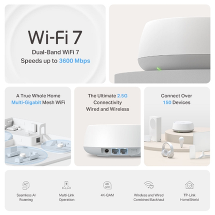 نظام واي فاي موزّع (Mesh) تي بي لينك Deco BE25 بتقنية Wi-Fi 7 - سرعة 5 جيجابت، منافذ 2.5 جيجابت، وتغطية ذكية شاملة للمنزل
