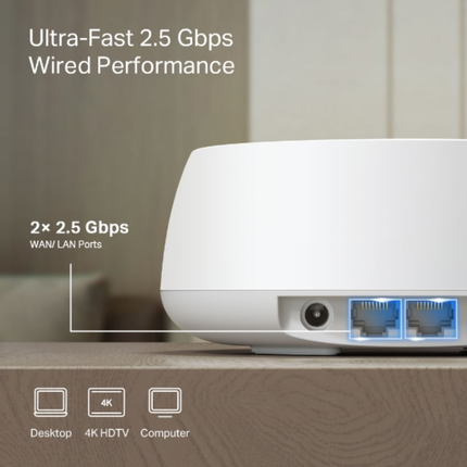 نظام واي فاي موزّع (Mesh) تي بي لينك Deco BE25 بتقنية Wi-Fi 7 - سرعة 5 جيجابت، منافذ 2.5 جيجابت، وتغطية ذكية شاملة للمنزل