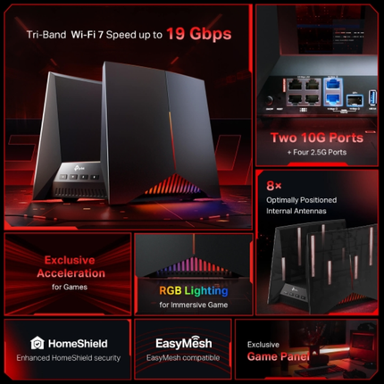 راوتر الألعاب تي بي لينك Archer GE800 بتقنية Wi-Fi 7 - سرعة 19 جيجابت، منافذ 10G مزدوجة، وتسريع ألعاب مخصص
