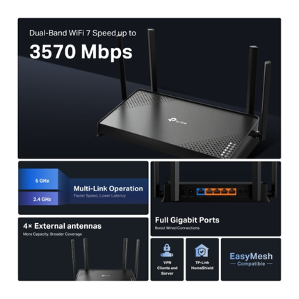 راوتر تي بي لينك Archer BE220 بتقنية Wi-Fi 7 - سرعة 3.6 جيجابت، منافذ 2.5 جيجابت، وتقنية MLO لاتصال فائق الاستقرار