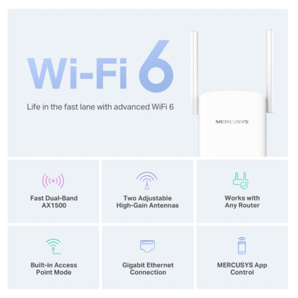 موسع نطاق واي فاي Mercusys ME60X AX1500 بتقنية Wi-Fi 6 - سرعة 1.5 جيجابت، منفذ جيجابت، وتقنية اختيار المسار الذكي