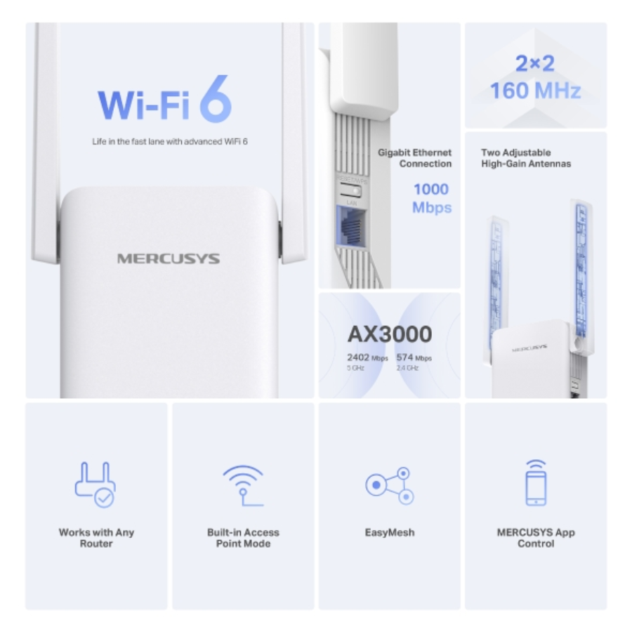 Mercusys ME80X AX3000 Dual-Band Wi-Fi 6 Range Extender - 3000 Mbps speeds, 160 MHz Bandwidth, and Gigabit Ethernet Port Mercusys ME80X AX3000 Dual-Band Wi-Fi 6 Range Extender - 3000 Mbps speeds, 160 MHz Bandwidth, and Gigabit Ethernet Port