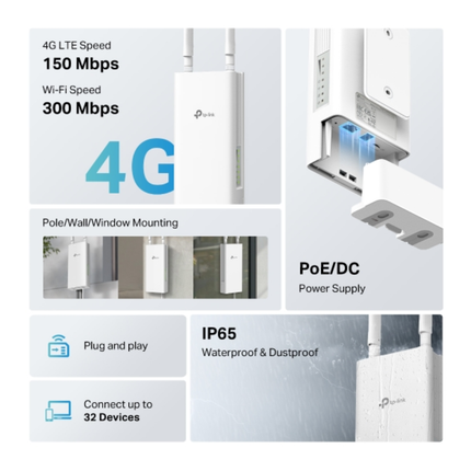 راوتر تي بي لينك TL-MR100 Outdoor لاسلكي 4G LTE - مقاوم للعوامل الجوية بمعيار IP65، سرعة 300 ميجابت، وهوائيات قوية