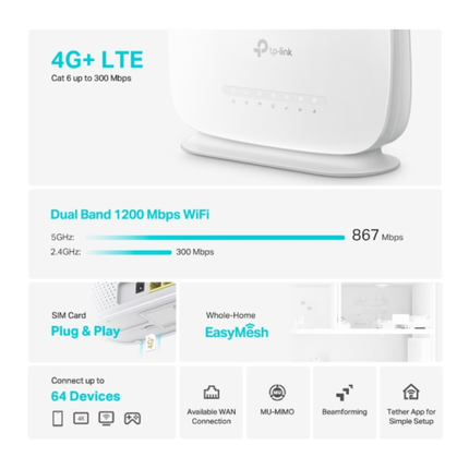 راوتر تي بي لينك Archer MR505 لاسلكي ثنائي النطاق 4G+ Cat6 - سرعة 300 ميجابت، منافذ جيجابت كاملة، ويدعم تقنية OneMesh