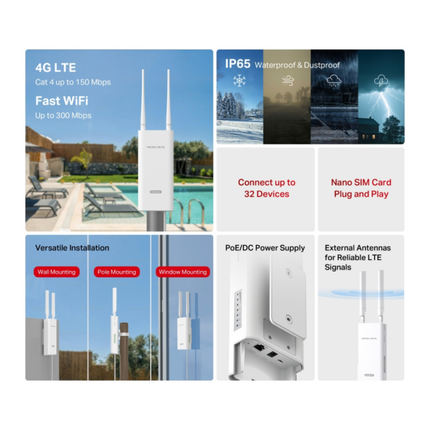 راوتر Mercusys MB118-4G لاسلكي بسرعة 300 ميجابت 4G LTE - تشغيل فوري، يدعم حتى 32 جهازاً، مع هوائيات متطورة