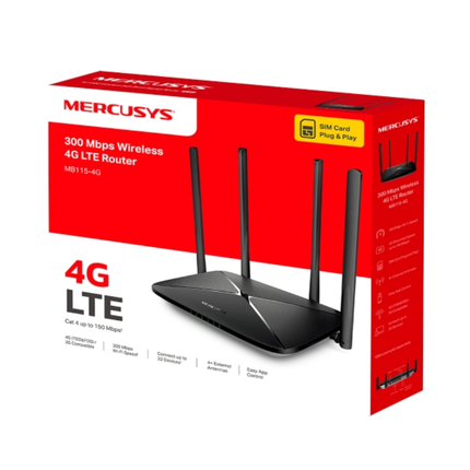 راوتر Mercusys MB115-4G لاسلكي 4G LTE بسرعة 300 ميجابت - تشغيل فوري، يدعم 32 جهازاً، وتصميم مدمج وأنيق