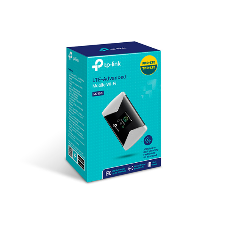 TP-Link M7450 300 Mbps Advanced 4G+ LTE Mobile Wi-Fi Router - Cat6 Support, Dual-Band Wi-Fi, and 15 Hours of Battery Life TP-Link M7450 300 Mbps Advanced 4G+ LTE Mobile Wi-Fi Router - Cat6 Support, Dual-Band Wi-Fi, and 15 Hours of Battery Life