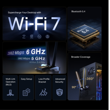 كرت شبكة تي بي لينك Archer TBE400E بتقنية Wi-Fi 7 وبلوتوث 5.4 - سرعة BE6500 ثلاثي النطاق، تقنية MLO، وقاعدة هوائيات مغناطيسية