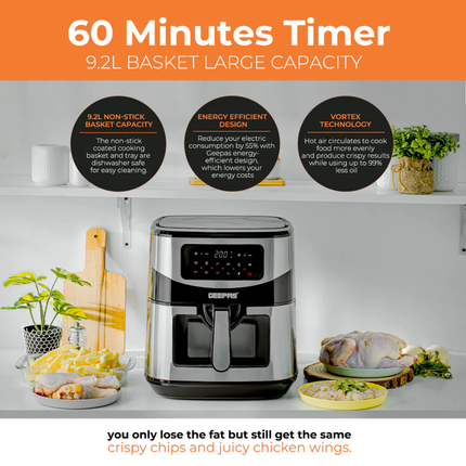 Geepas GAF37524UK 9.2L Digital Air Fryer with Internal Rack - Extra Large Family Capacity, Rapid Air Circulation, and Smart LED Touchscreen