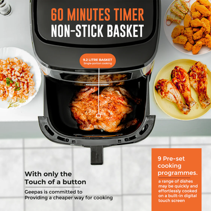 Geepas GAF37524UK 9.2L Digital Air Fryer with Internal Rack - Extra Large Family Capacity, Rapid Air Circulation, and Smart LED Touchscreen