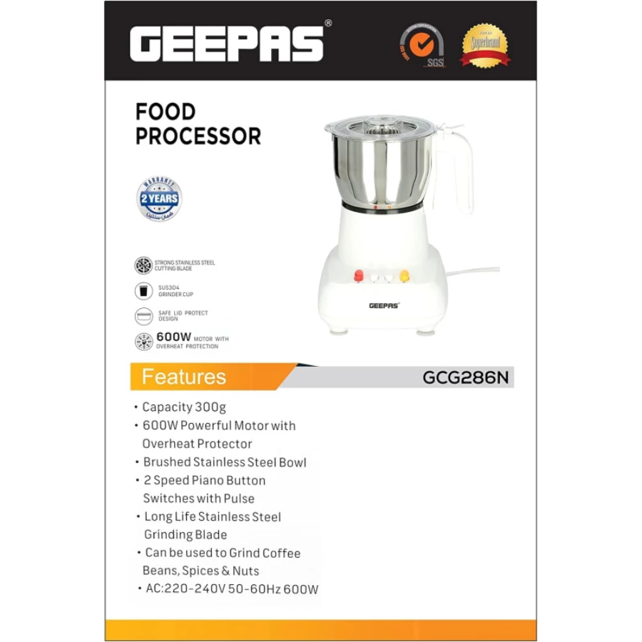 مطحنة القهوة والتوابل من Geepas موديل GCG286N - سعة 300 جرام، شفرات من الستانلس ستيل، وهيكل متين مطحنة القهوة والتوابل من Geepas موديل GCG286N - سعة 300 جرام، شفرات من الستانلس ستيل، وهيكل متين