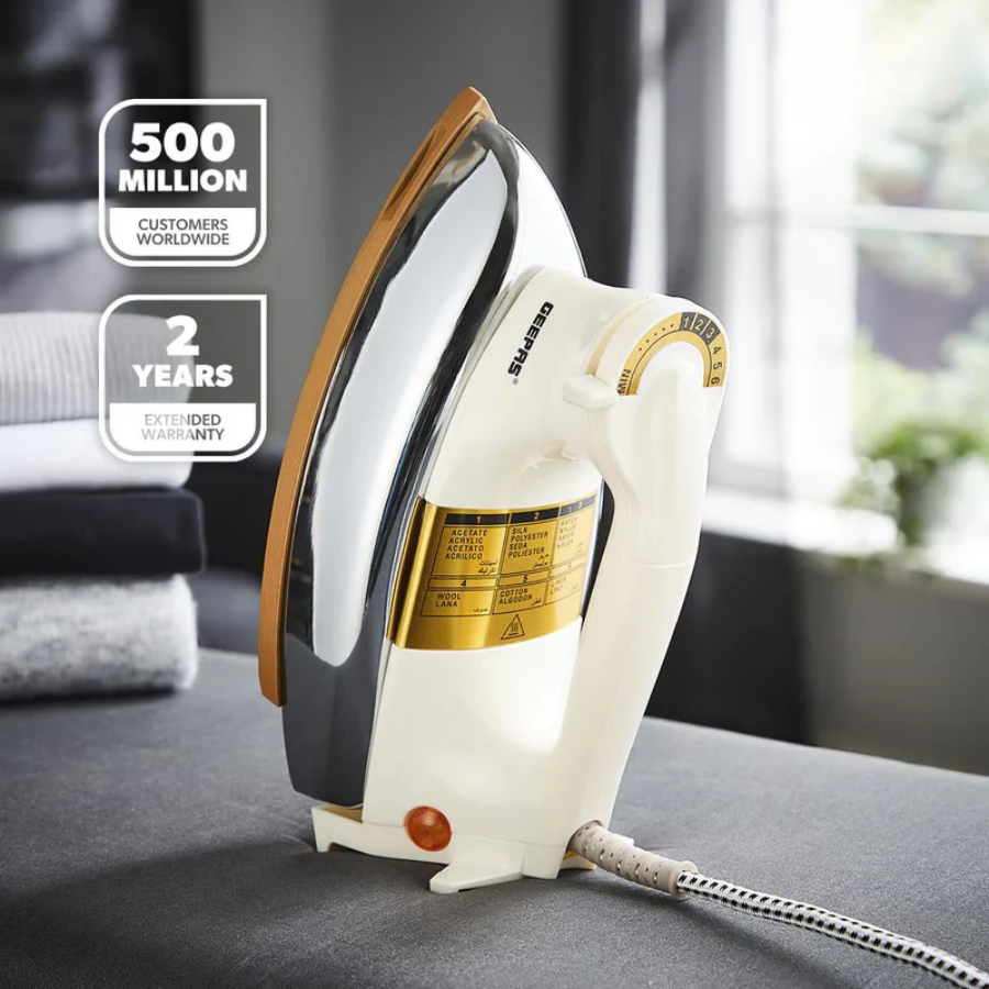 Geepas GDI23011 Heavy Weight Dry Iron - Golden Non-Stick Soleplate, Adjustable Temperature Control, and Durable Classic Design Geepas GDI23011 Heavy Weight Dry Iron - Golden Non-Stick Soleplate, Adjustable Temperature Control, and Durable Classic Design