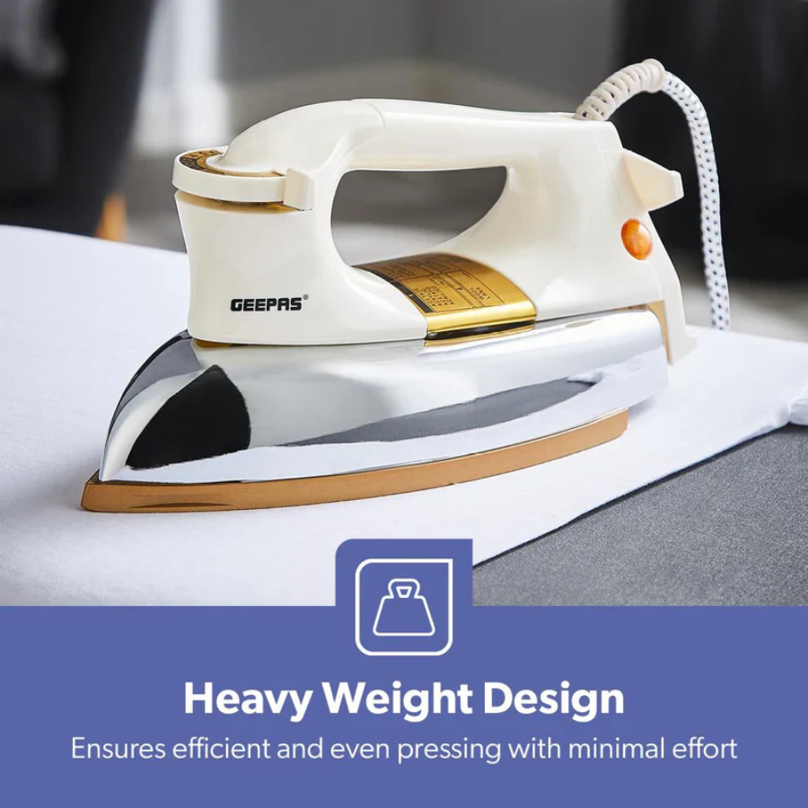 Geepas GDI23011 Heavy Weight Dry Iron - Golden Non-Stick Soleplate, Adjustable Temperature Control, and Durable Classic Design Geepas GDI23011 Heavy Weight Dry Iron - Golden Non-Stick Soleplate, Adjustable Temperature Control, and Durable Classic Design